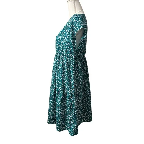 Emery Rose Teal Green Cottagecore Floral Midi Bohemian Dress W/ Short Sleeves M - Picture 2 of 9